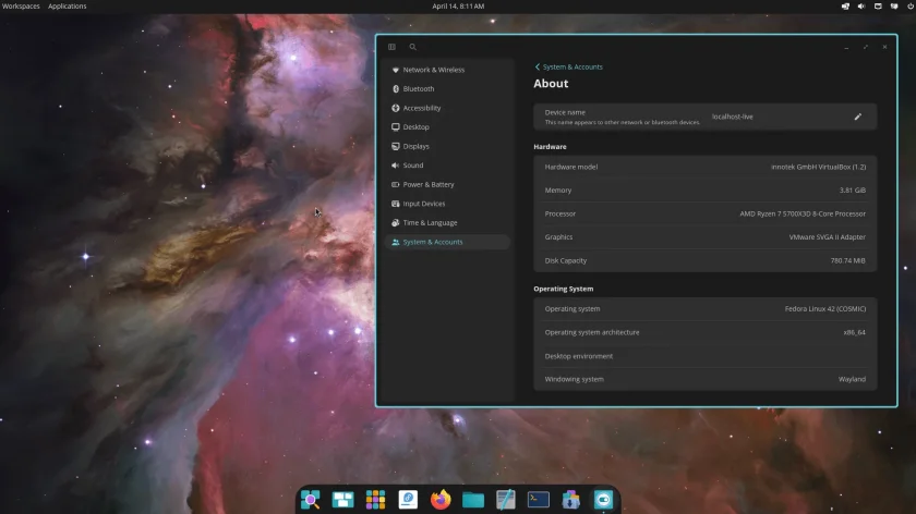 A página Sobre aberta no Fedora 42 Cosmic Spin