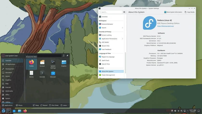 Fedora 42 KDE Plasma Edition com o iniciador de aplicativos e sobre esta página do sistema aberta