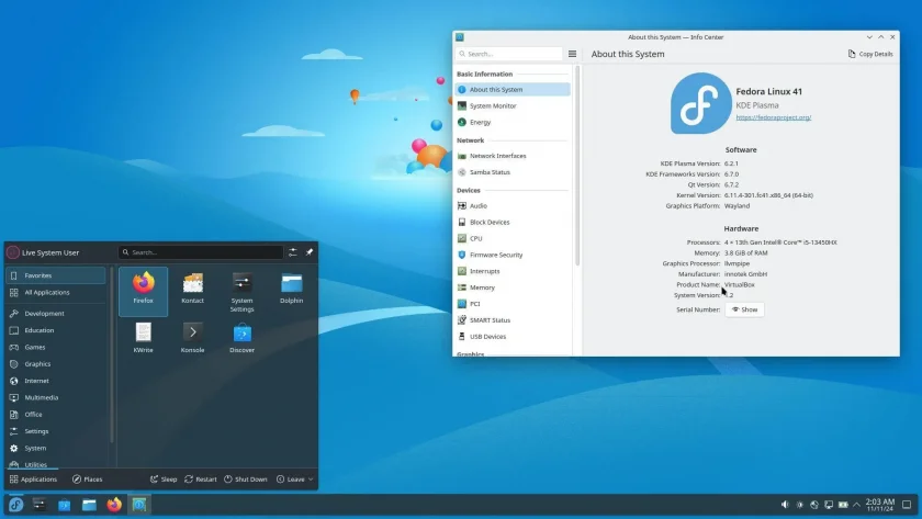 Uma captura de tela do Fedora 41 KDE Plasma Spin
