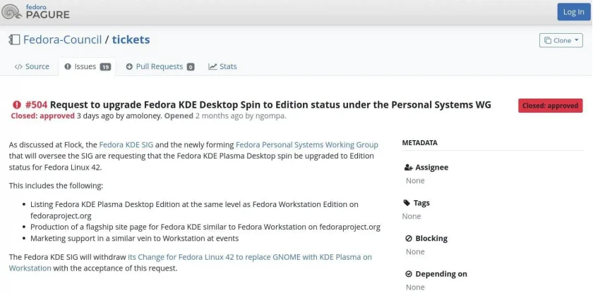 Uma captura de tela da página do Fedora Pagure mostrando a decisão aprovada sobre o Fedora KDE Spin sendo atualizado para uma edição