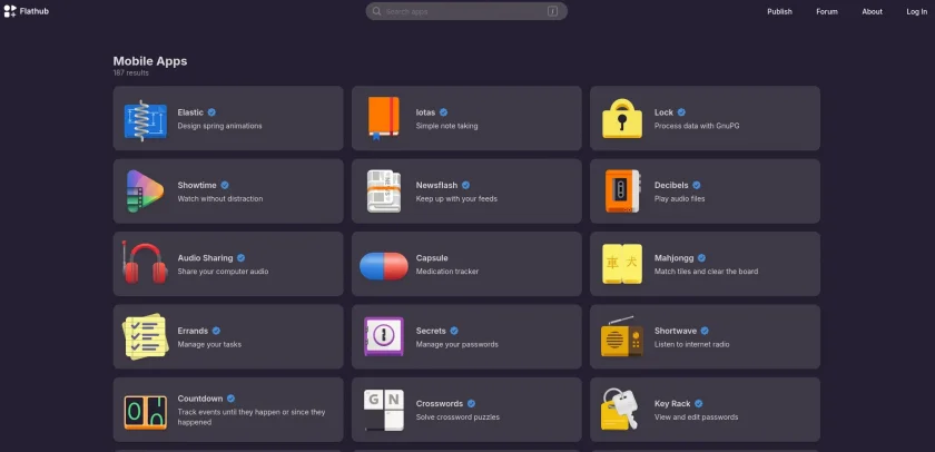 Uma captura de tela da página de aplicativos móveis do Flathub