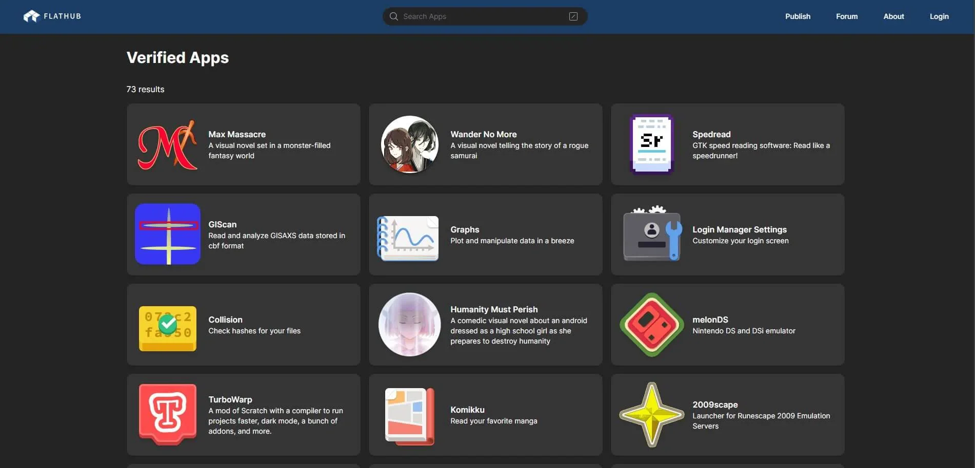 A plataforma beta do flathub apresentando os vários aplicativos verificados