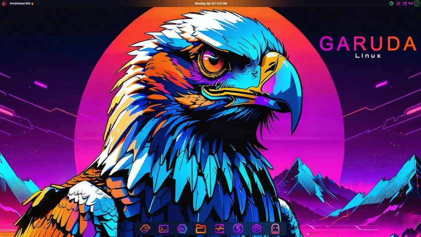 Uma captura de tela da tela da área de trabalho Garuda Linux Birds of Prey