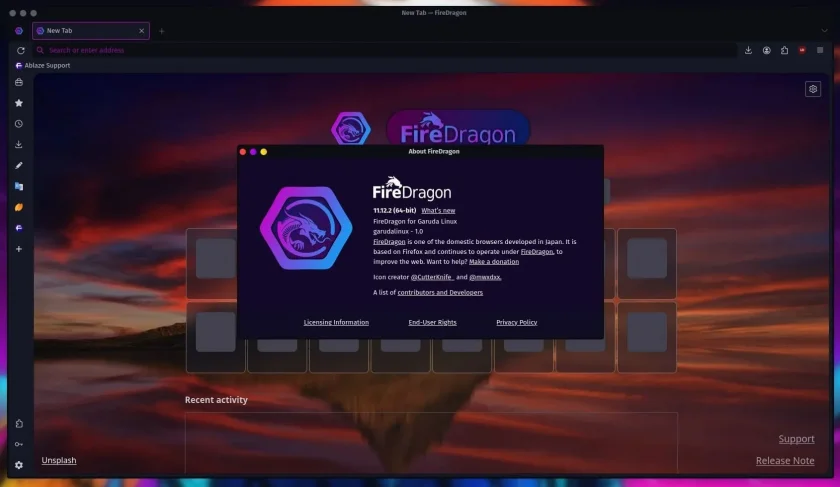 Uma captura de tela de Garuda Linux Aves de Rapina executando Firedragon que agora é baseado no navegador Floorp