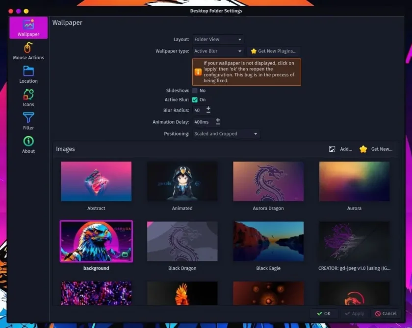 Uma captura de tela do Garuda Linux Birds of Prey Wallpaper Selection Menu