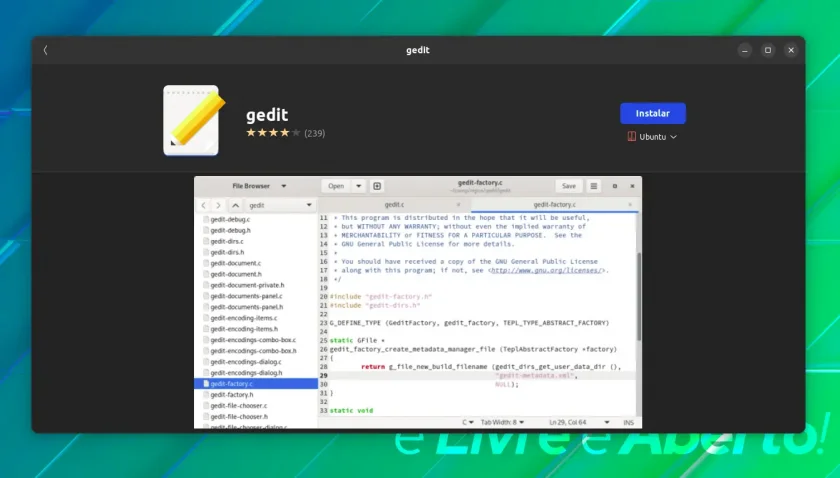 O Gedit também está disponível na Snap Store do Ubuntu
