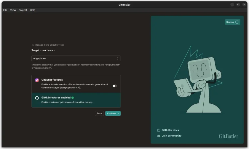Uma captura de tela da página de configuração de recursos do GitButler e do GitHub