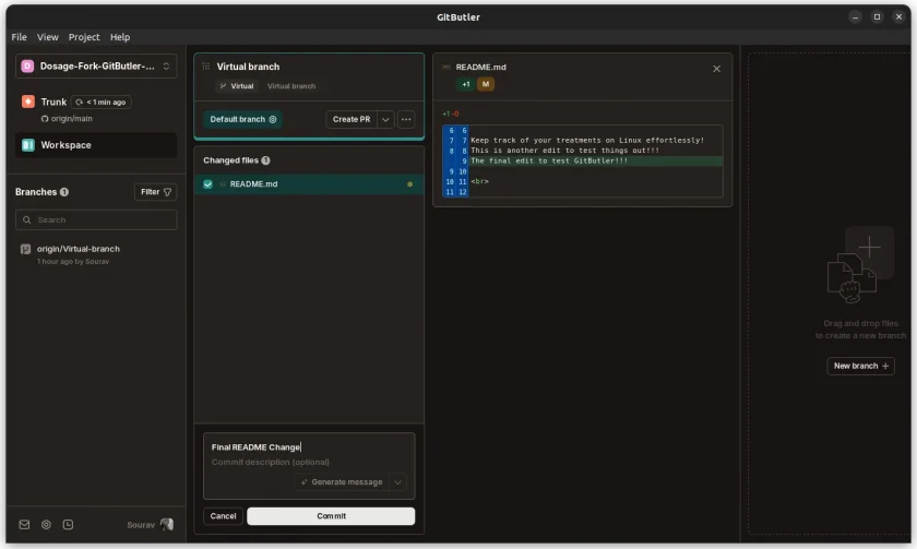 Uma captura de tela da funcionalidade do Gitbutler Virtual Branch em ação
