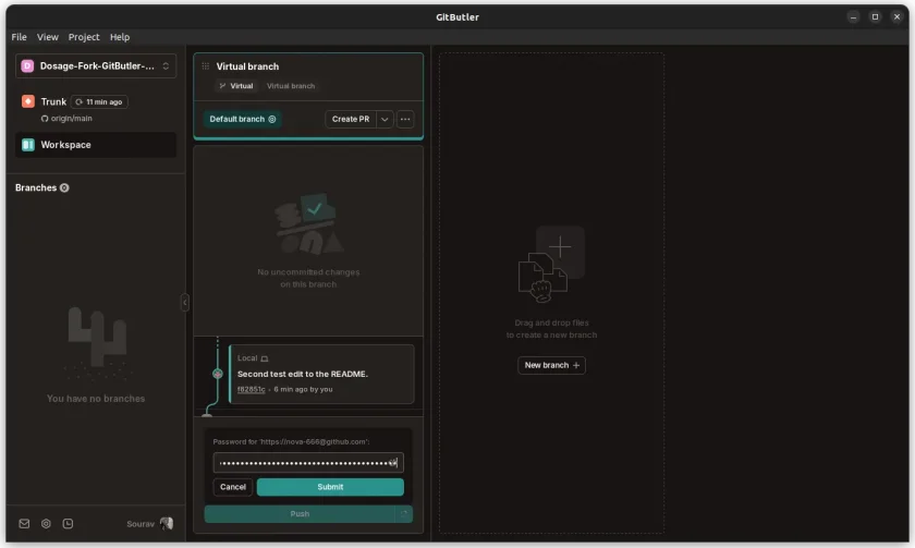 Uma captura de tela da tela de confirmação do gitbutler virtual branch com autenticação
