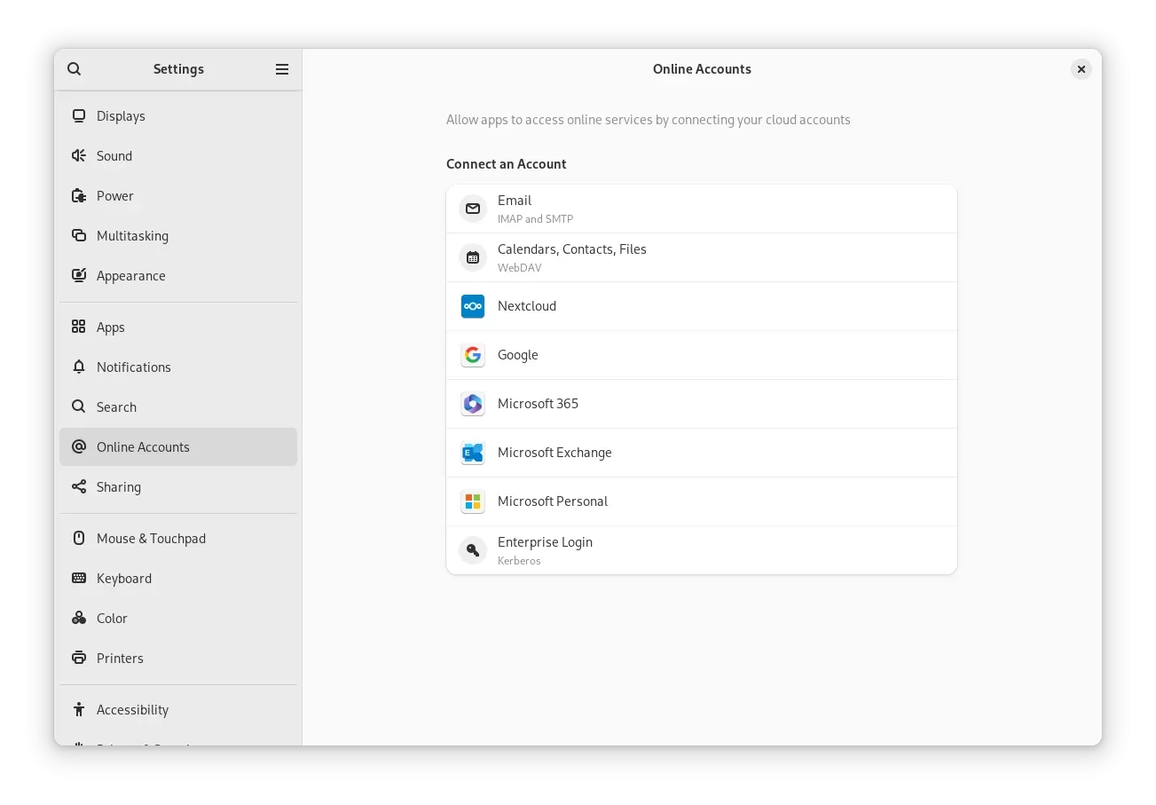 Captura de tela do menu Contas Online do GNOME 46