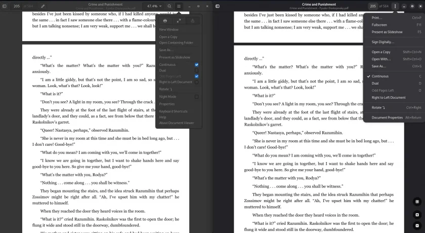 Uma captura de tela lado a lado de Evince e Papers com a mesma página de um e-book em PDF aberto