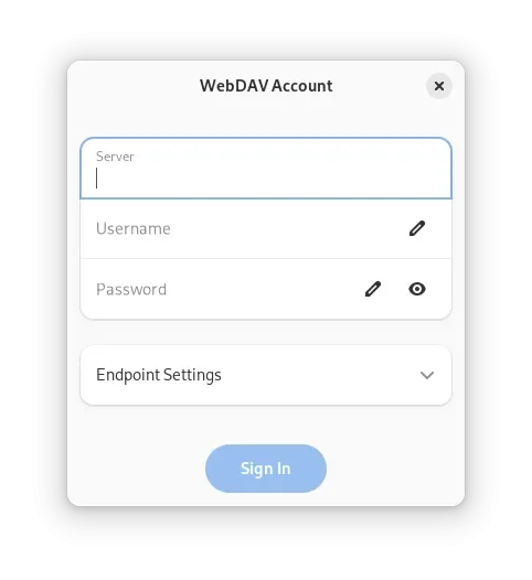 captura de tela de configuração do gnome da conta webDAV