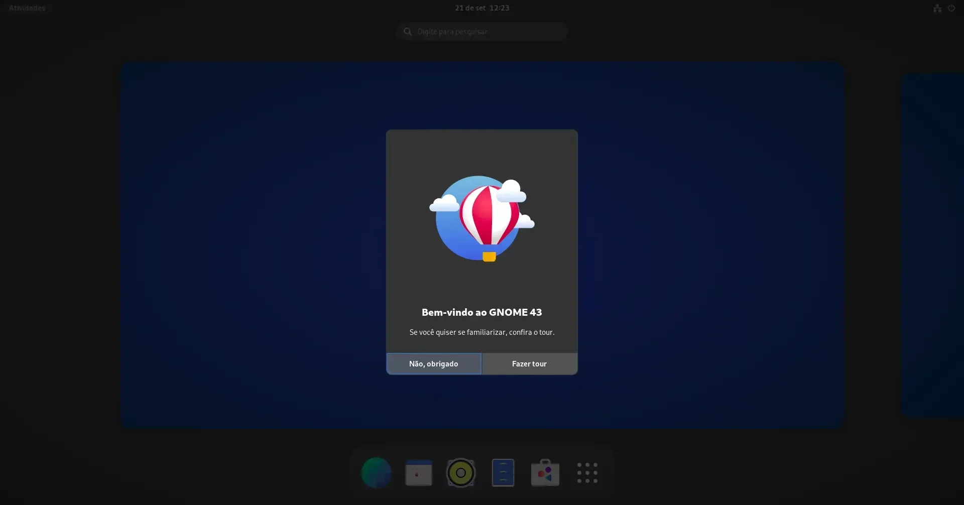 Tela de boas vindas do GNOME 43