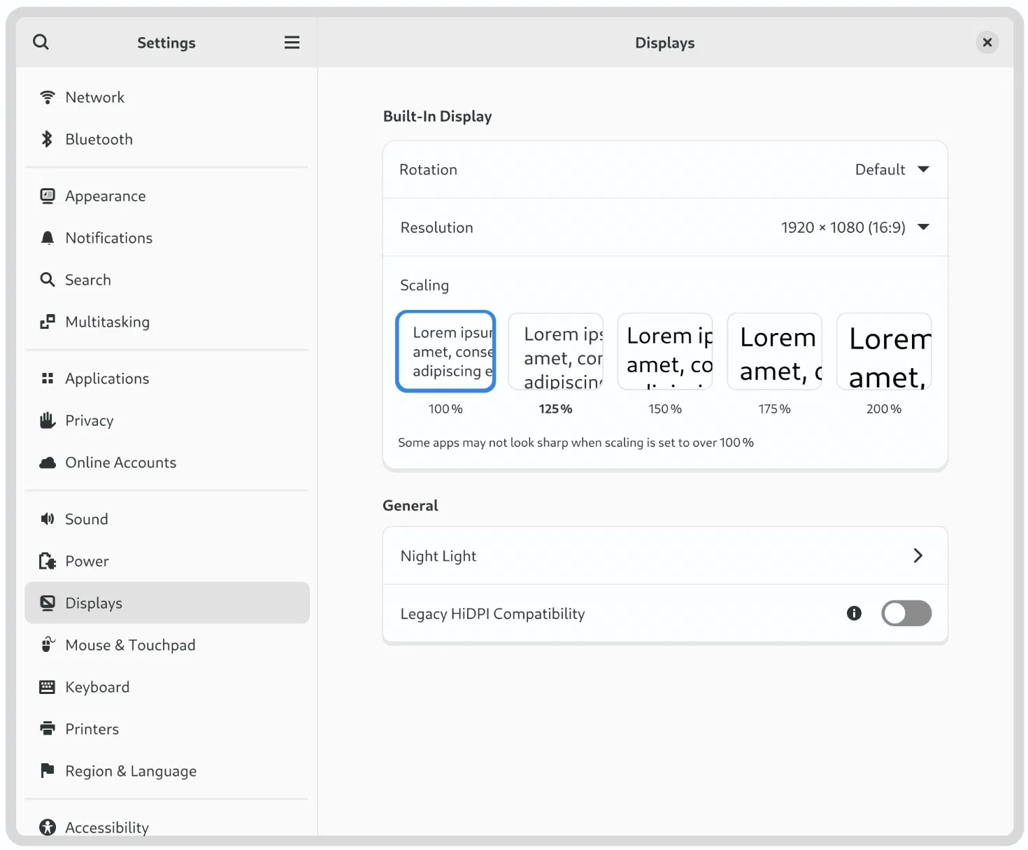 Rascunho de como seria o novo painel de configurações de exibição do GNOME