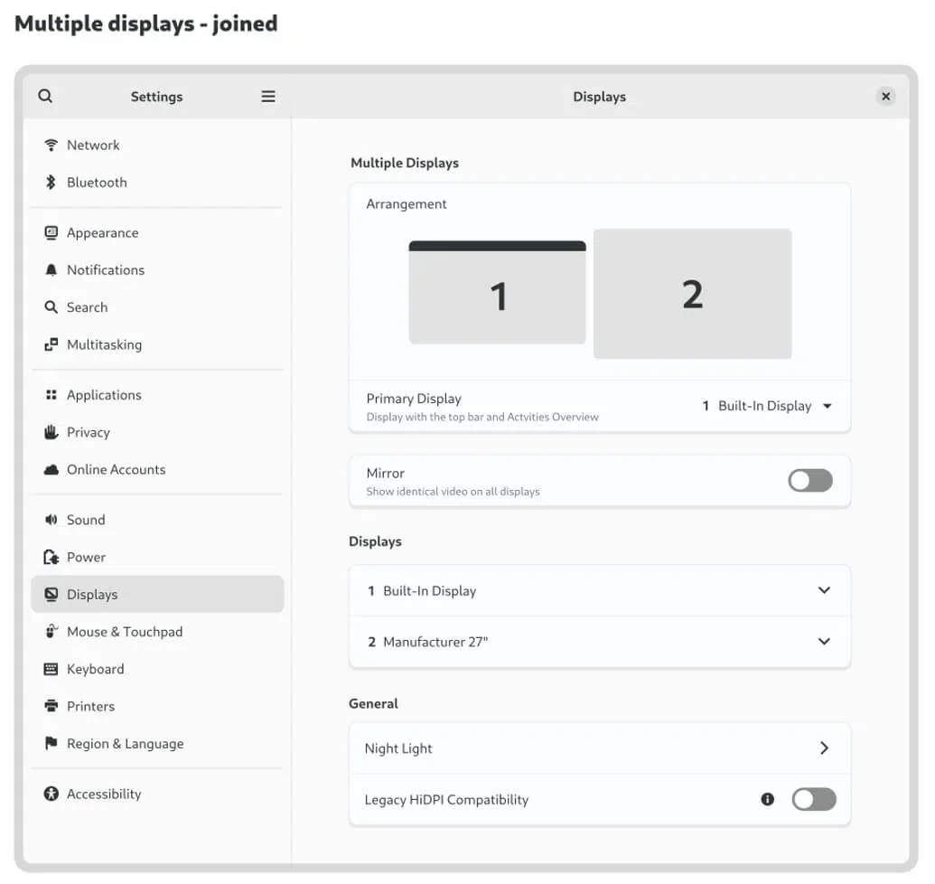 Rascunho de como seriam as opções de vários monitories no GNOME