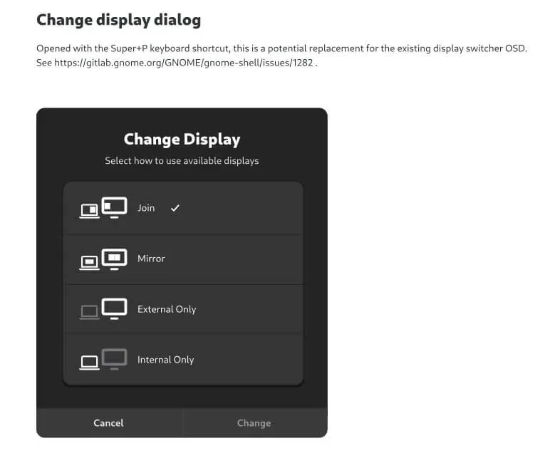 Rascunho de como ficaria a caixa de diálogo rápida para vários monitores no GNOME