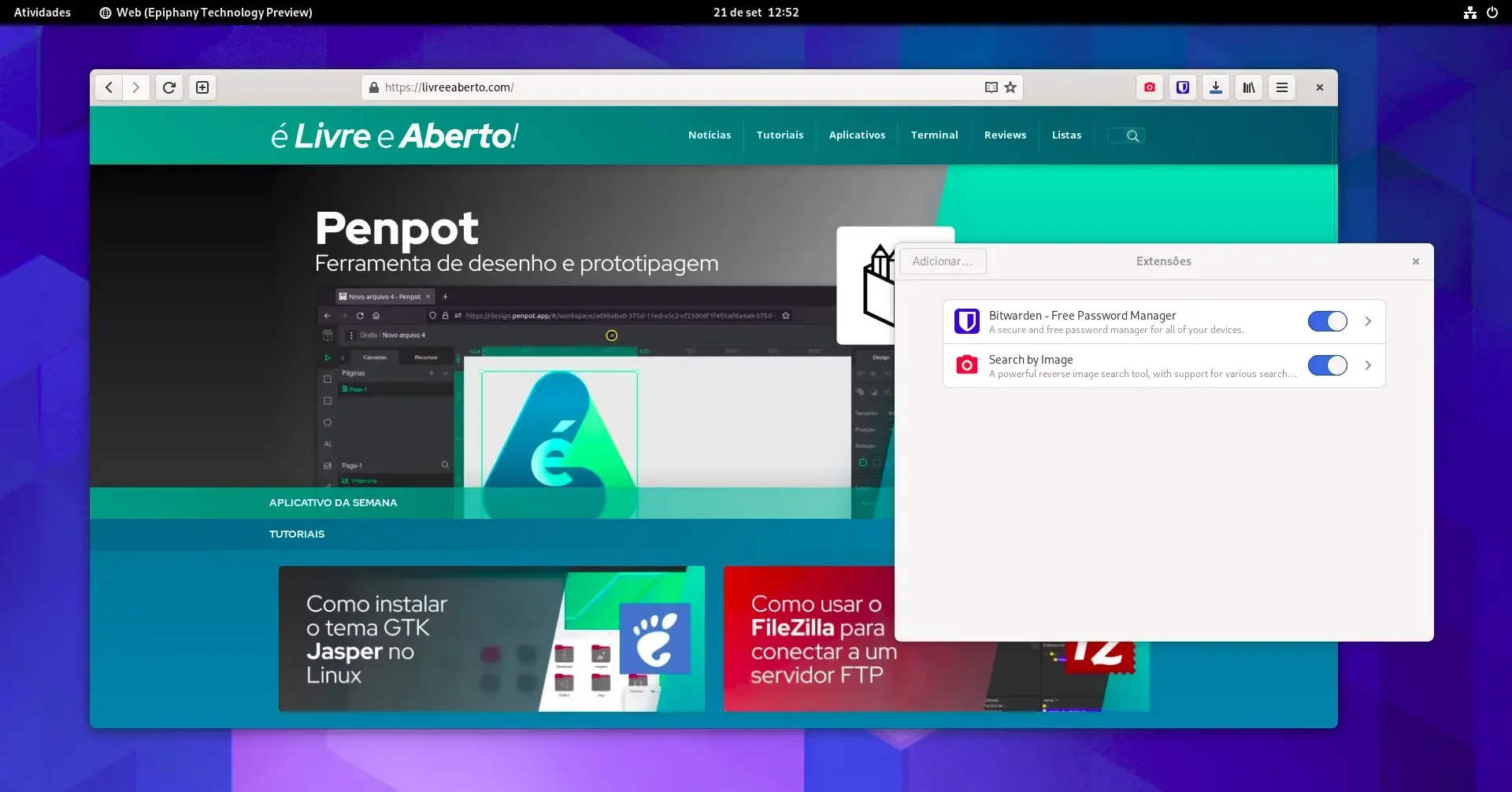 GNOME Web com extensões no GNOME 43
