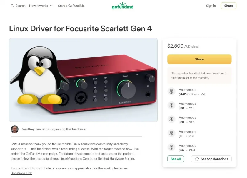 Angariação de fundos GoFundMe para o desenvolvimento de motores Focusrite