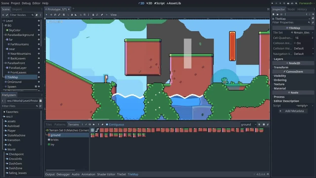 uma captura de tela das ferramentas de edição de nível 2D melhoradas no godot 4.0