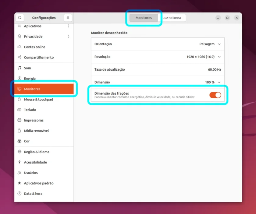 Habilitando dimensionamento fracionado no Ubuntu 22.04