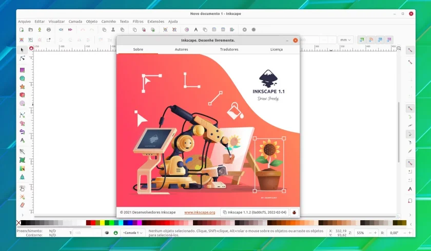 Tela do Inkscape 1.1.2 com o diálogo de mais informações sobre o aplicativo Tela do Inkscape 1.1.2 com o diálogo de mais informações sobre o aplicativo