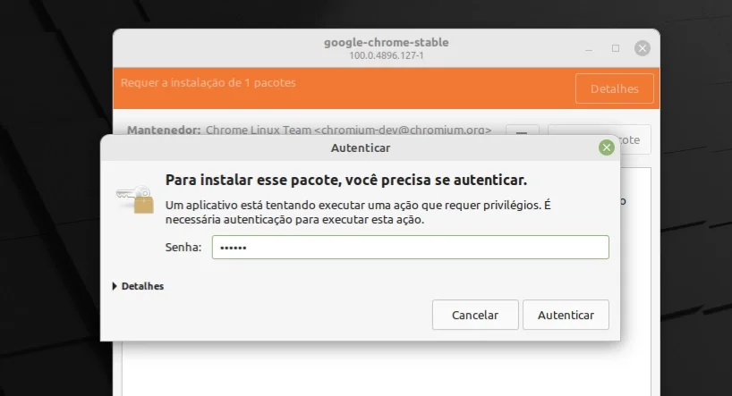 Inserindo a senha para instalar o Google Chrome