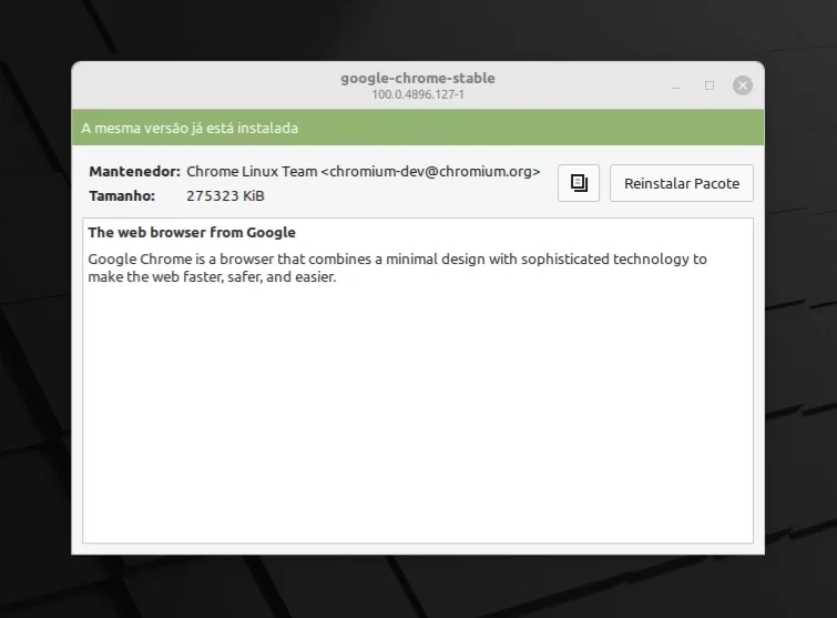 Instalação do Google Chrome pelo GDebi concluída