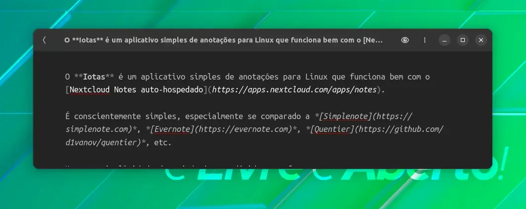 Esta captura de tela mostra a interface do usuário de edição do Iotas - digite sem distrações Esta captura de tela mostra a interface do usuário de edição do Iotas - digite sem distrações