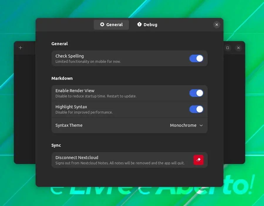 Screenshot das preferências do aplicativo Iotas Screenshot das preferências do aplicativo Iotas