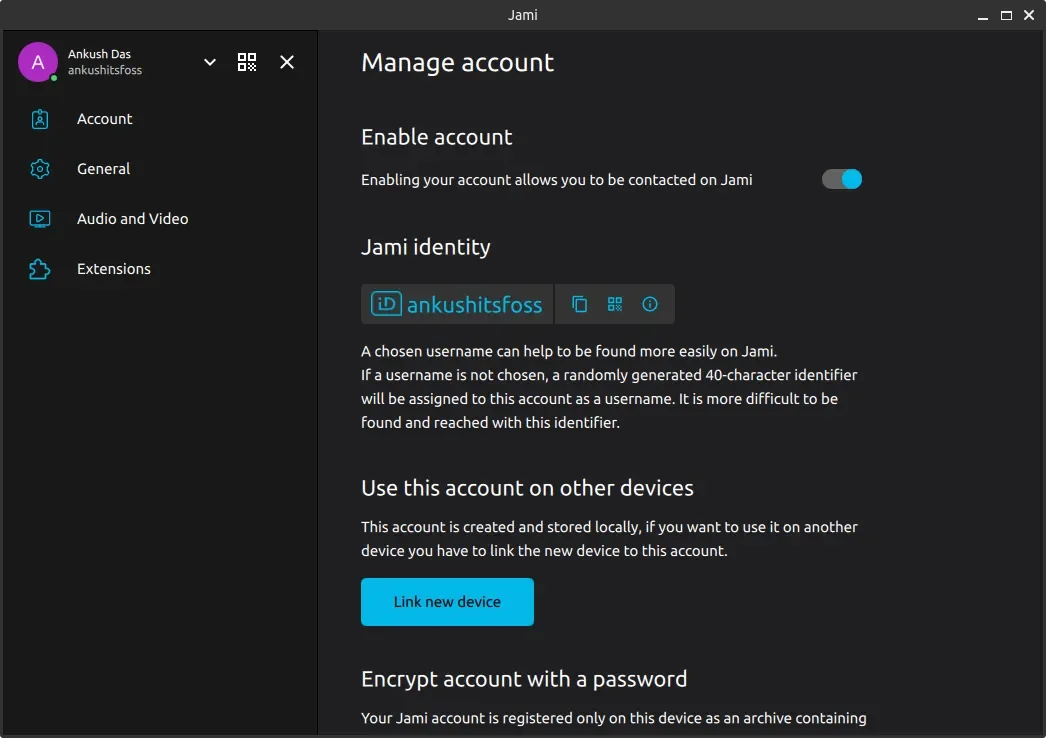 captura de tela das configurações do JAMI