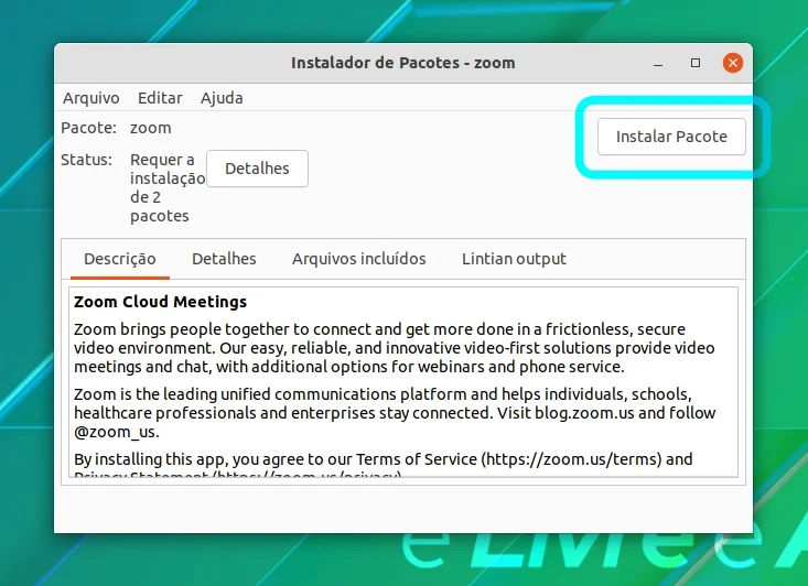 Janela do gdebi com pacote DEB do Zoom aberto e pronto para instalação