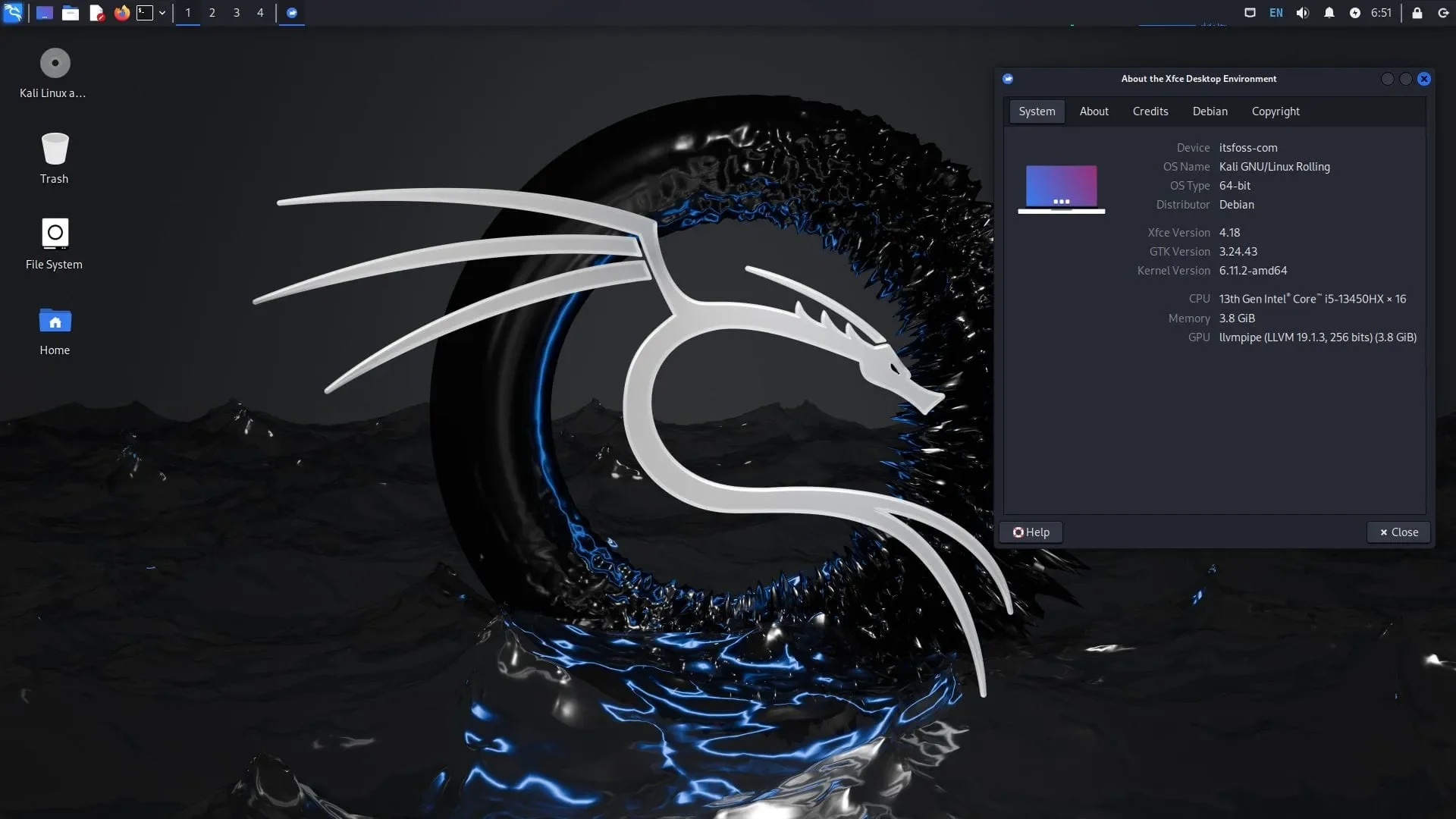 Captura de tela do Kali Linux 2024.4 com o XFCE 4.18