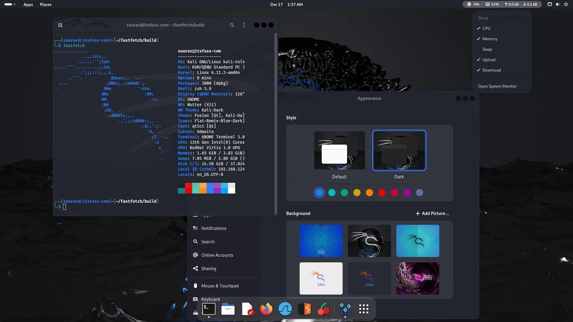 Captura de tela do GNOME 47 no Kali Linux
