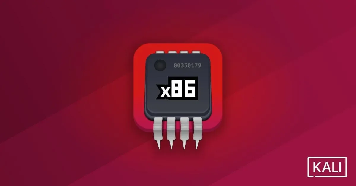 Ilustração com gráfico de um microprocessador exibindo x86 em fundo vermelho e logotipo do Kali Linux no canto inferior direito
