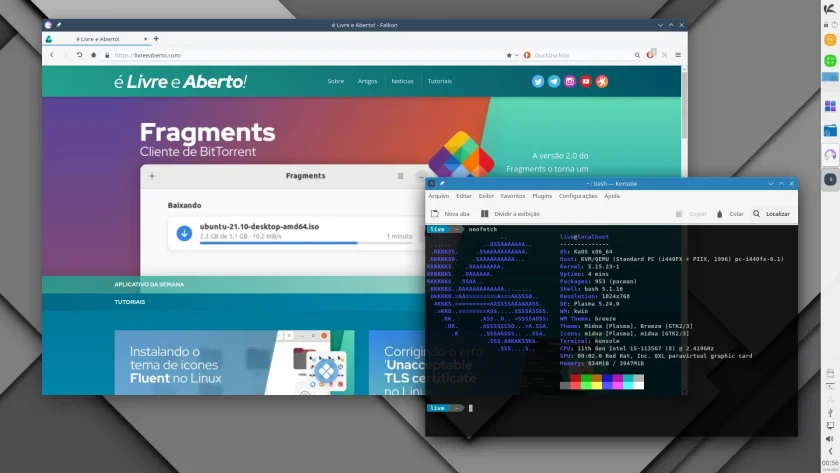 Tela do KaOS 2022.02 com navegador aberto no site livreeaberto.com e terminal mostrando informações do comando neofetch