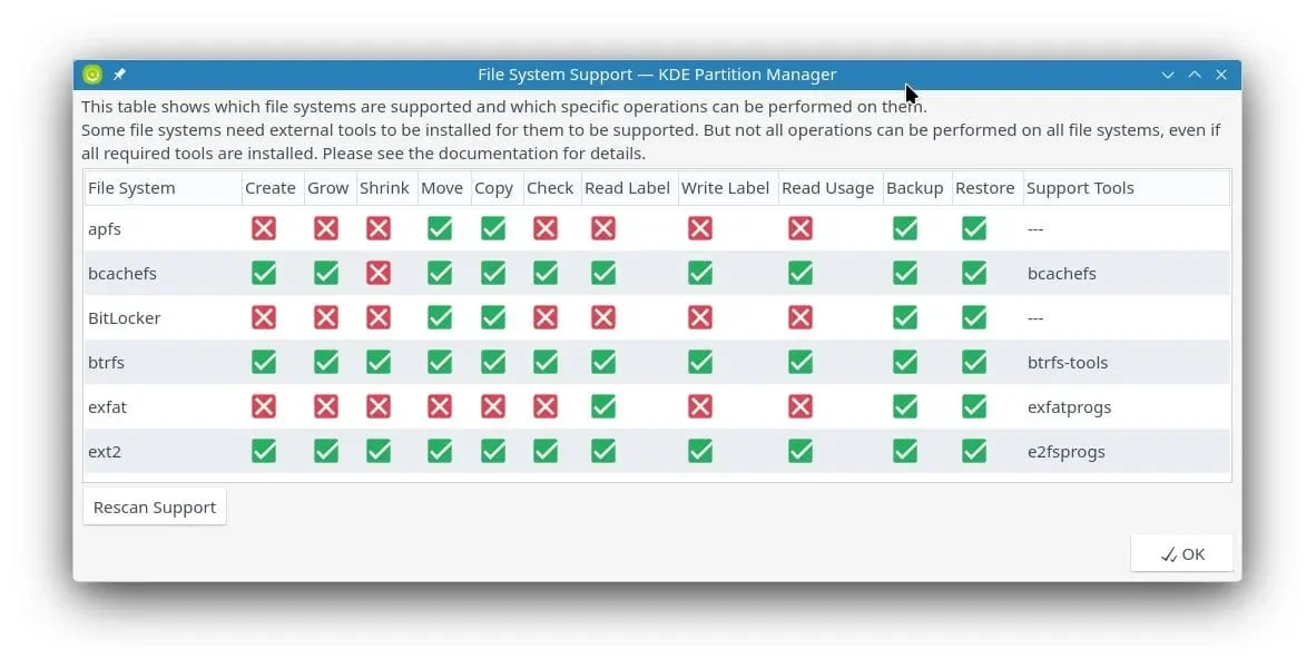 Uma captura de tela do suporte ao KAOS 2024.05 bcachefs no Parion Manager