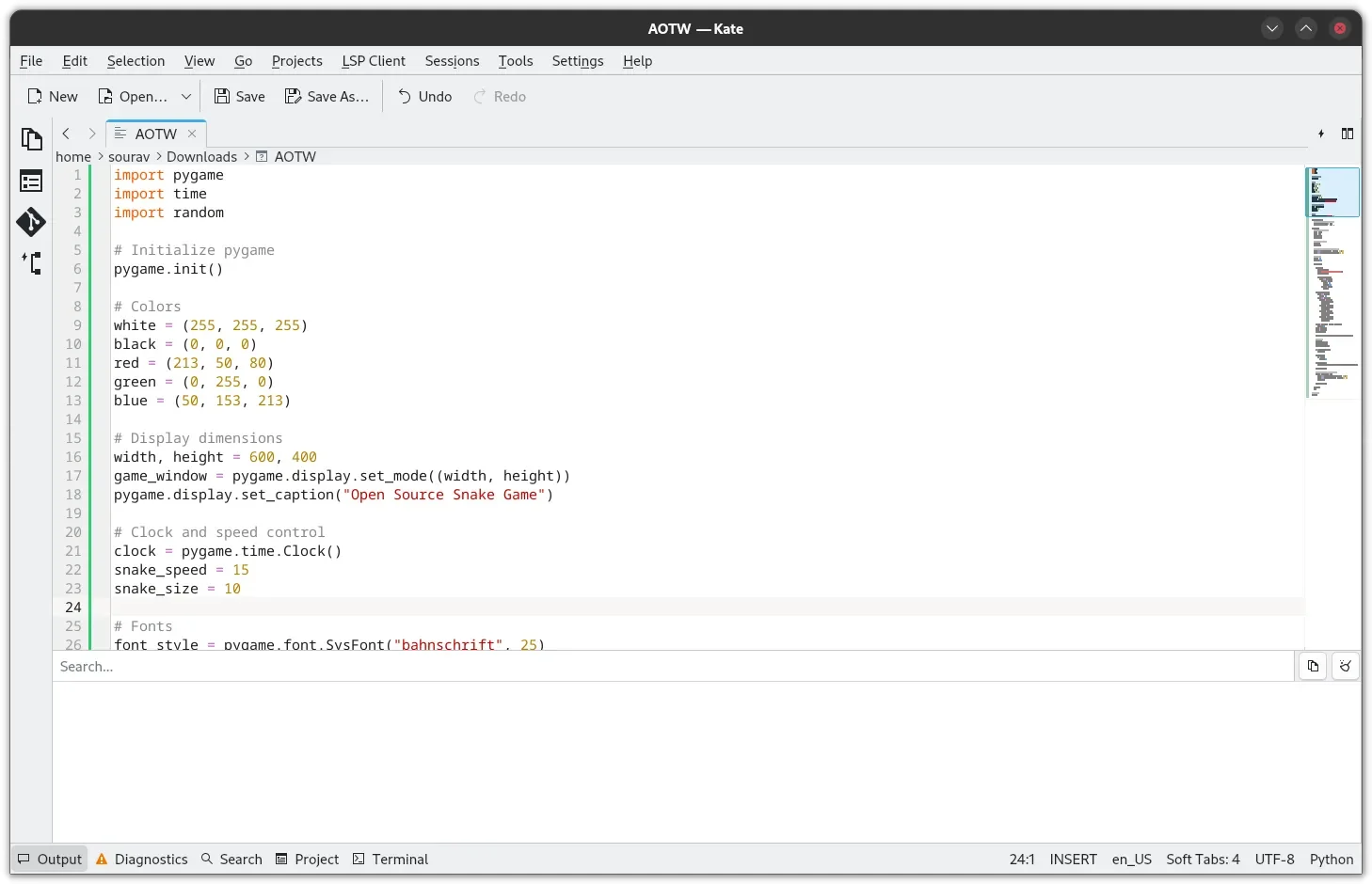 Captura de tela do Kate com código Python