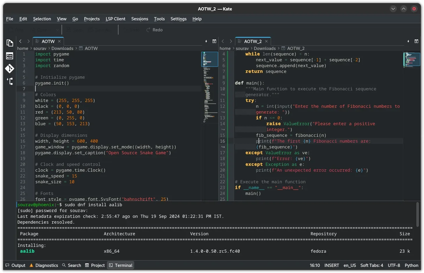 Captura de tela do Kate com painel Terminal aberto