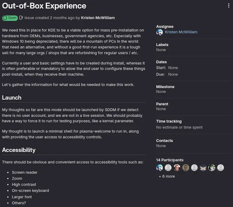 Um trecho de um problema no repositório do KDE intitulado Experiência pronta para uso postado por Kristen McWilliam