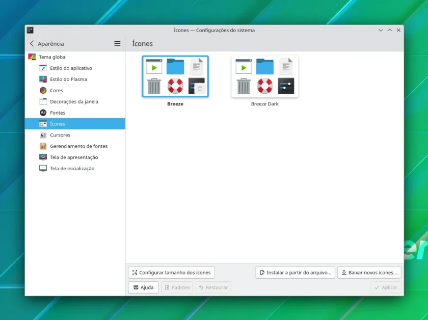 Instalar o tema do ícone a partir das configurações do sistema KDE Instalar o tema do ícone a partir das configurações do sistema KDE