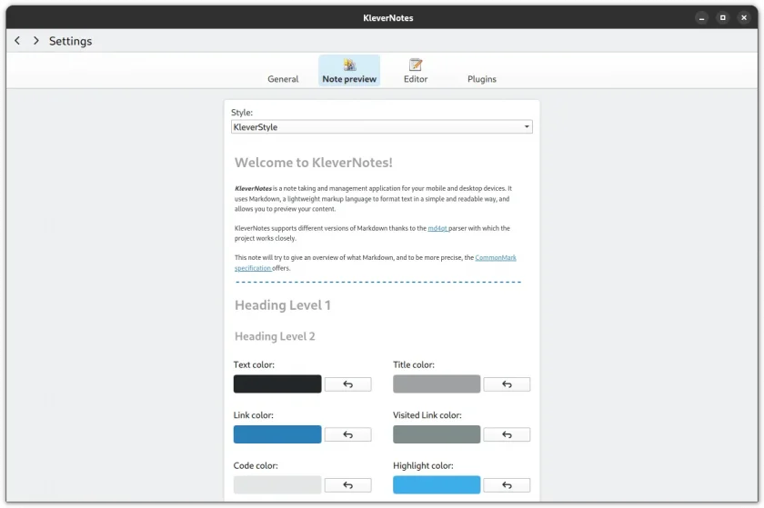 Página de configurações do KleverNotes