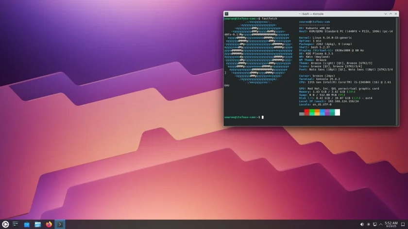 Saída Fastfetch sendo mostrada no Konsole em um sistema de compilação diária do Kubuntu 25.10
