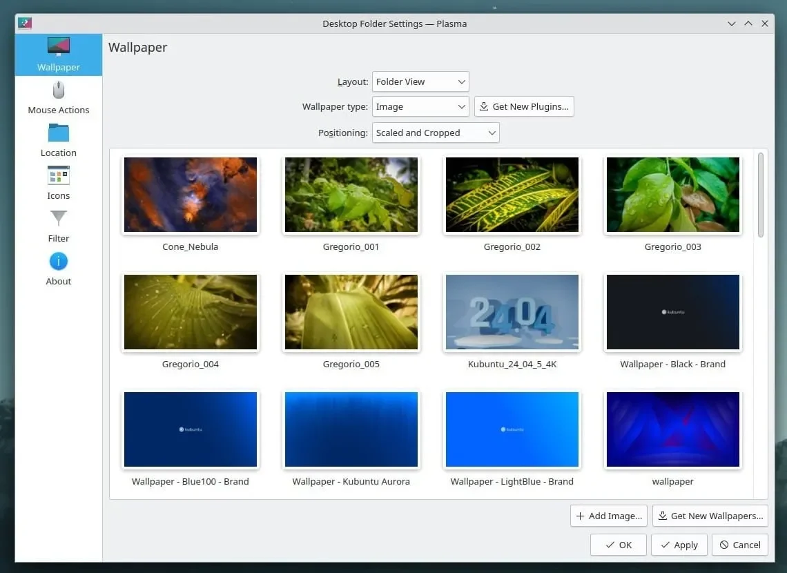 Uma captura de tela do menu de papel de parede Kubuntu 24.04 LTS