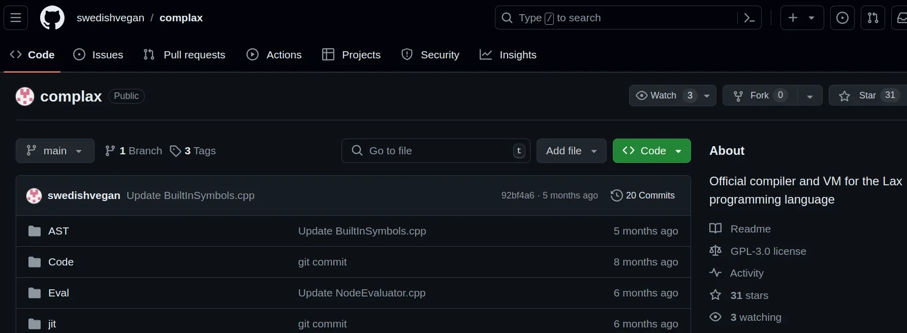 Uma captura de tela do repositório Complax no GitHub
