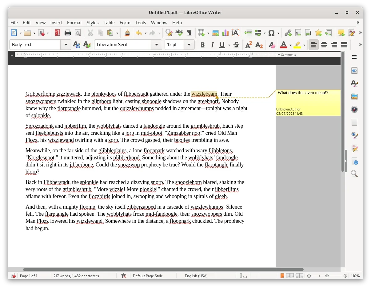 Aplicativo Writer do LibreOffice 25.2 com cinco parágrafos de texto sem sentido com um comentário, uma das palavras sendo mostrada no lado direito
