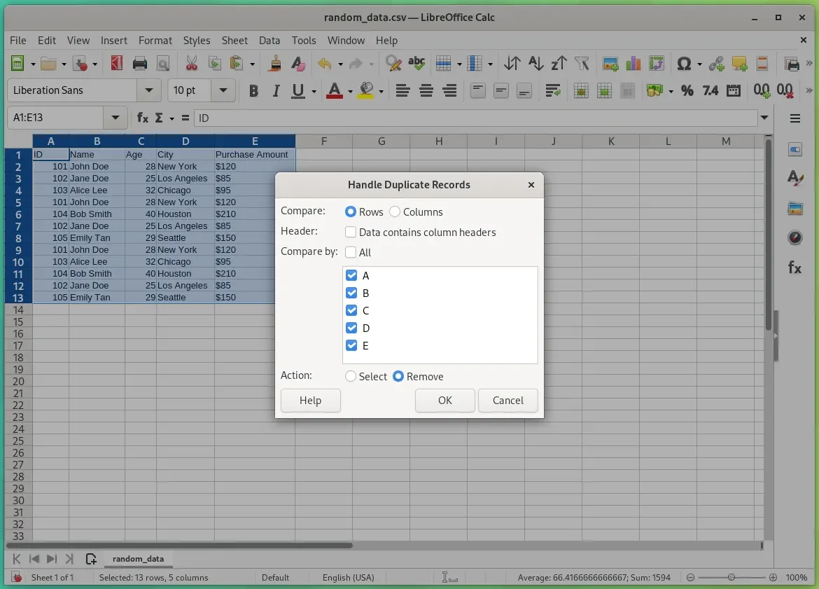 Há uma caixa de diálogo Lidar com registros duplicados aberta no aplicativo LibreOffice 25.2 Calc