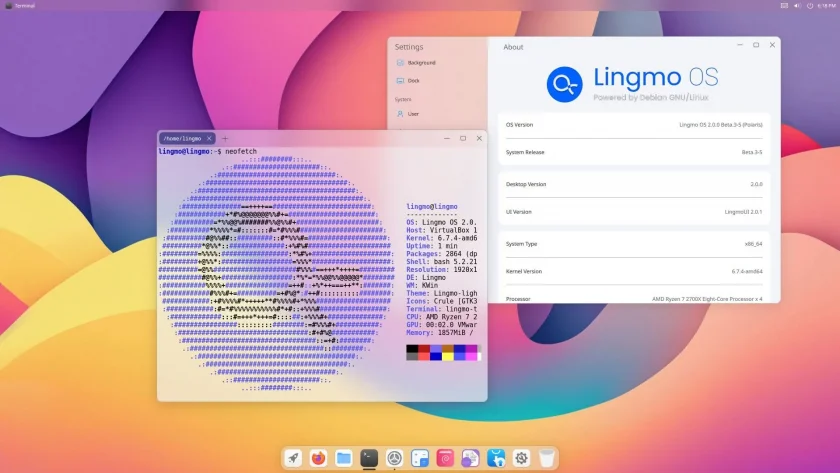 Captura de tela do Lingmo OS exibindo informações e saída do neofetch