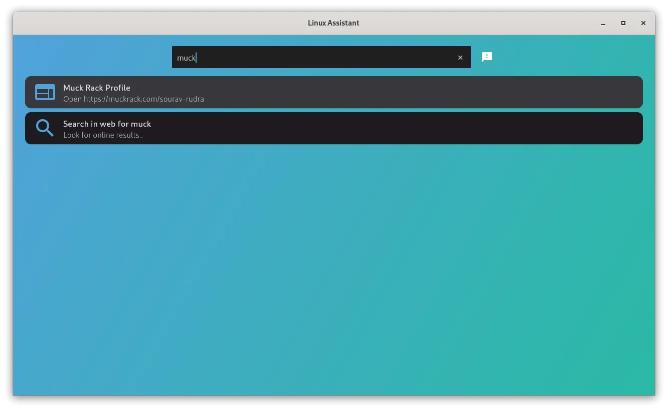 O termo "Muck" inserido na barra de pesquisa com dois resultados de pesquisa sendo mostrados no Linux-Assistant