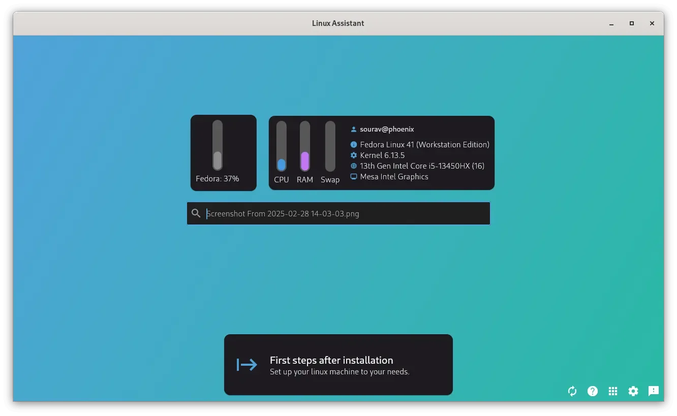 A visualização do painel do Linux-Assistant com especificações do sistema, status, uma barra de pesquisa e algumas outras opções sendo mostradas