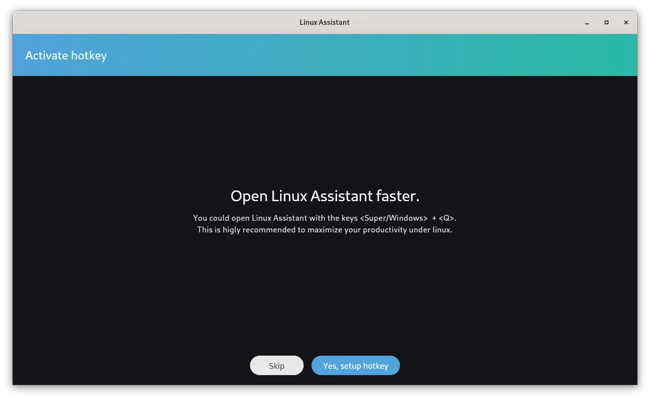 A página ativar tecla de atalho no Linux-Assistant com dois botões na parte inferior